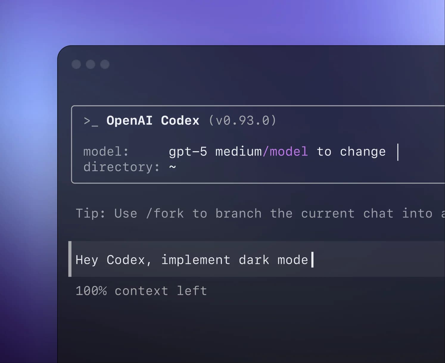 Terminal Codex en mode sombre : exécution des commandes et journaux