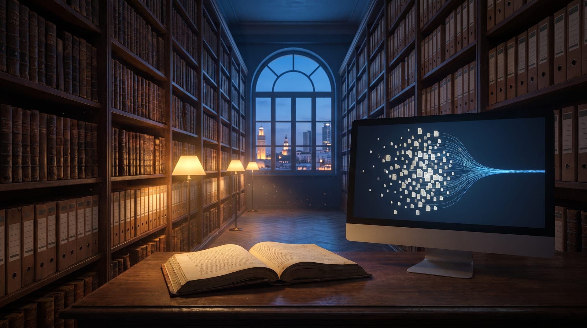 Illustration d'archives documentaires et d'un poste d'analyse pour un projet Claude en entreprise