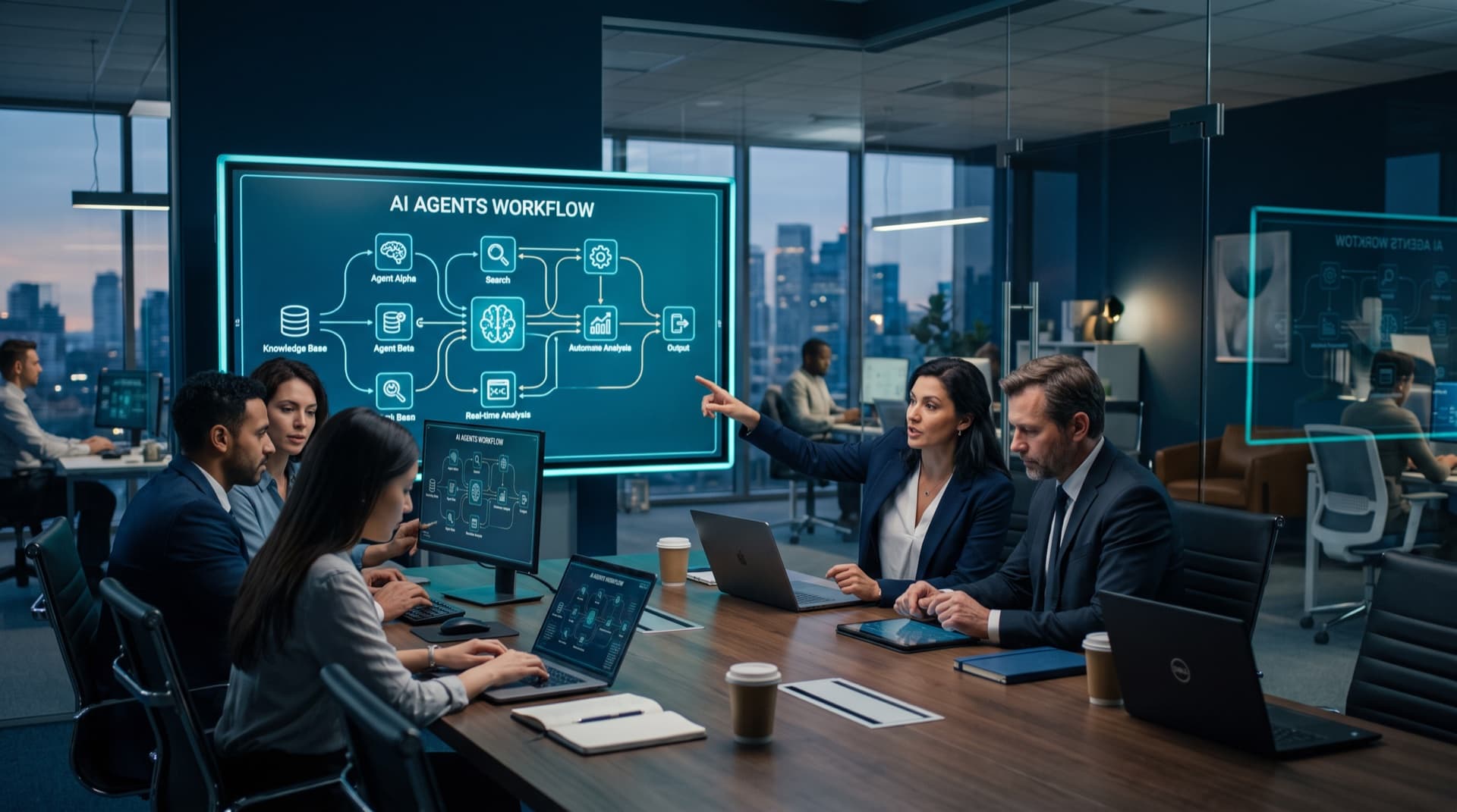 Équipe métier collaborant avec des agents IA, workflow d'agents à l'écran
