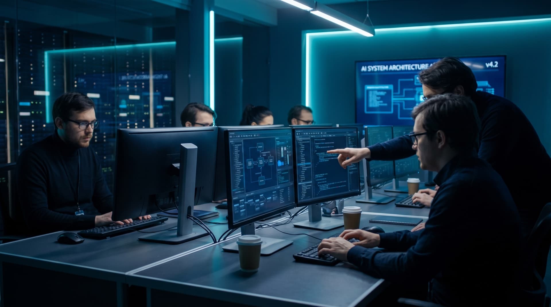 Équipe d'ingénierie IA au travail, architecture système et code à l'écran