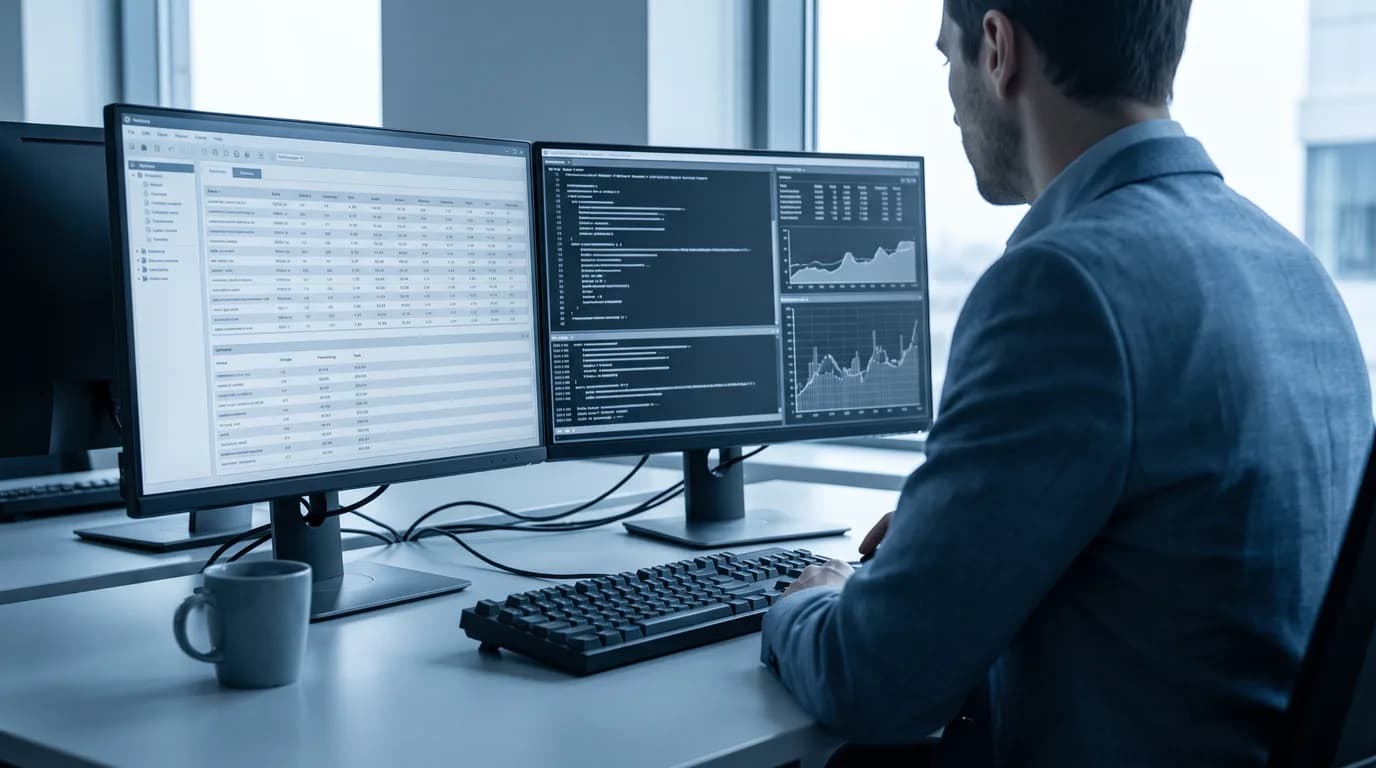 Développeur supervisant les données, le code et les métriques d’un serveur MCP pour logiciel métier.
