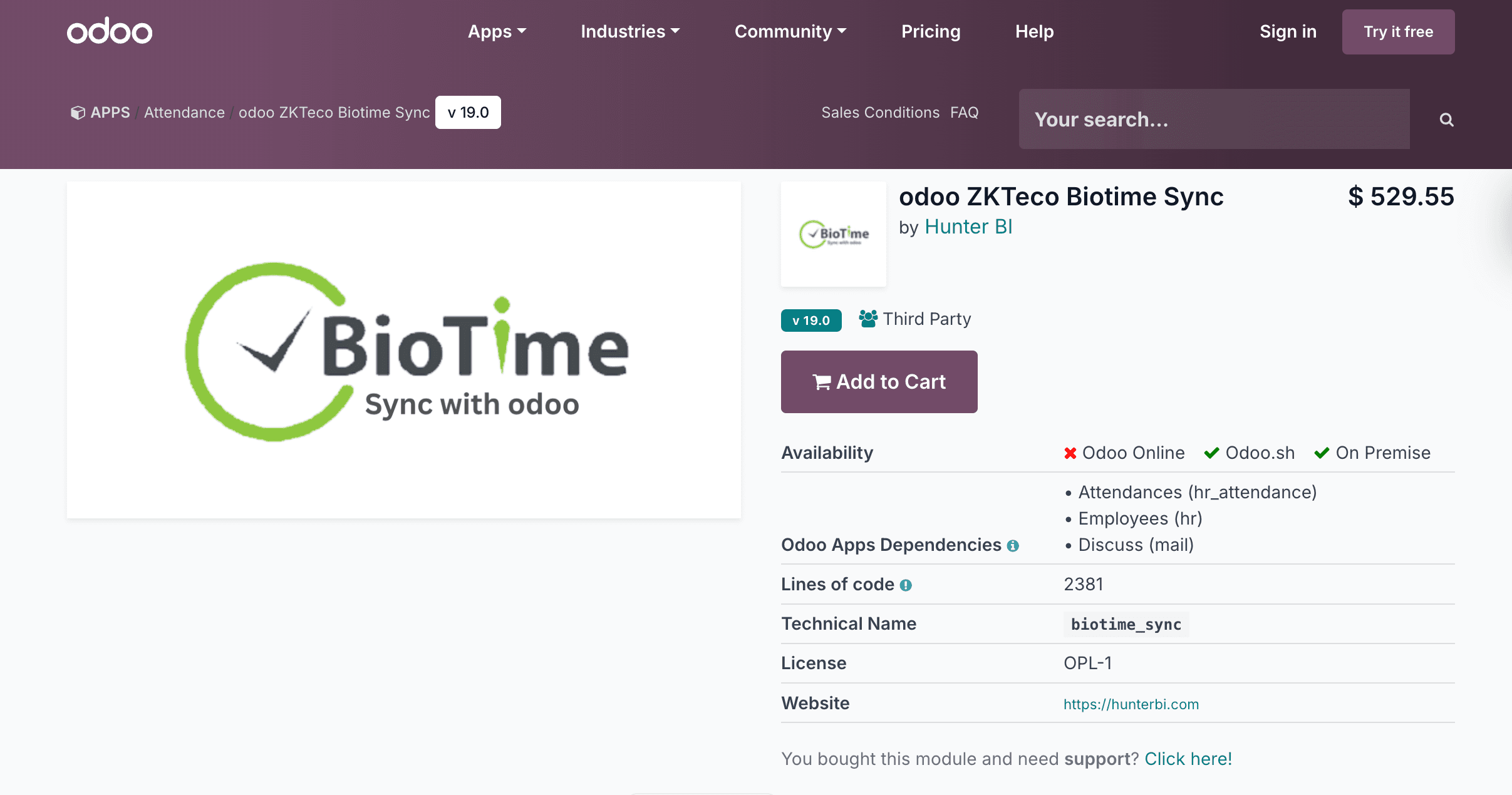 Interface du module BioTime Sync dans Odoo synchronisant les données de pointage biométrique