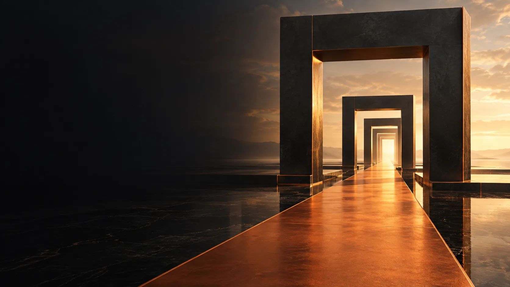 Un chemin orange traverse une succession de portiques sombres, illustration d’un déploiement IA progressif en entreprise
